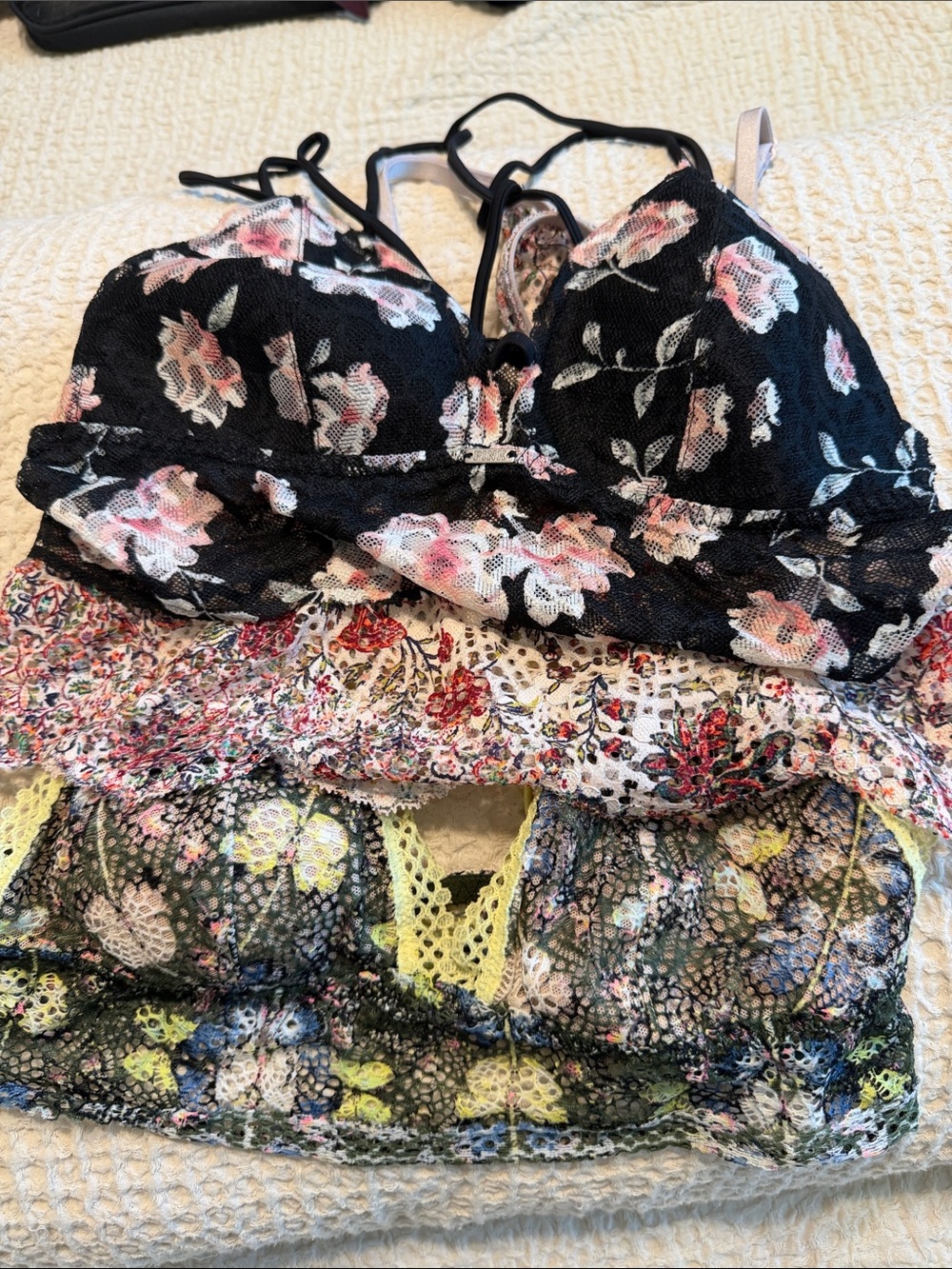 Floral Lace Bralette Tops- Black with Pink Floral